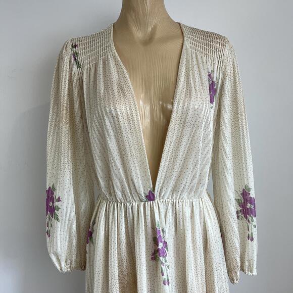 Vintage Mr. Edward S / M Cream Cottagecore Midi Dress Plunge V Neck Pleated Purp - Picture 2 of 10